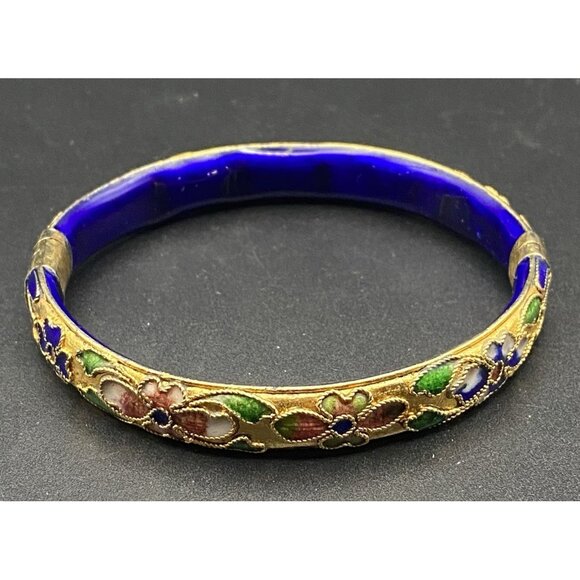 Unbranded Jewelry - Vintage Cloisonné Bangle Bracelet Blue Gold Floral Motif Enamel Hinged 7"x1/3"w